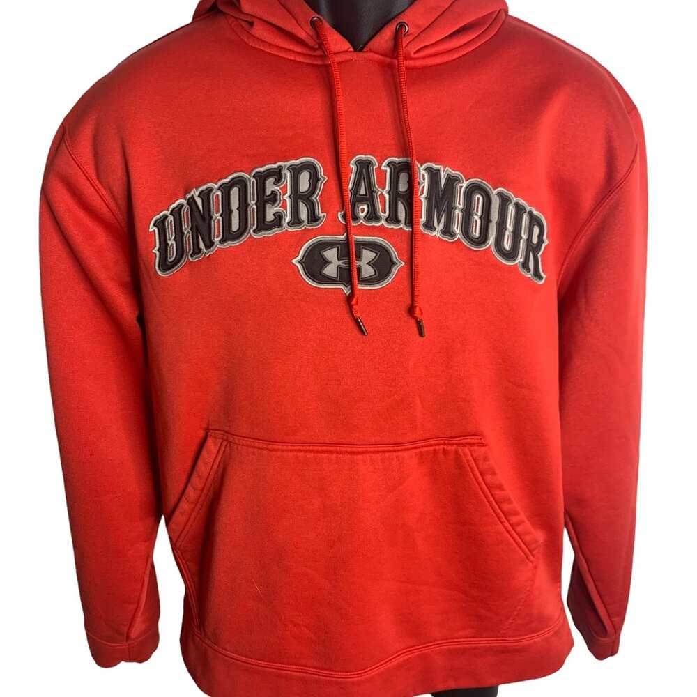 Men's Under Armour Pull Over Hoodie Embroidered Patch Letters Sz SM Red